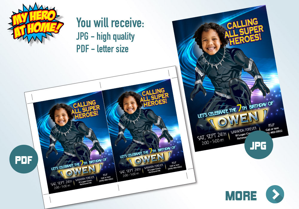 Black Panther birthday party Invitation with your kid as the Black Panther. 161