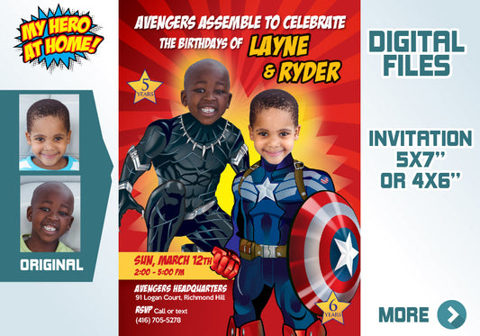Personalized Joint Black Panther and Captain America birthday Invitation with your photos. 164