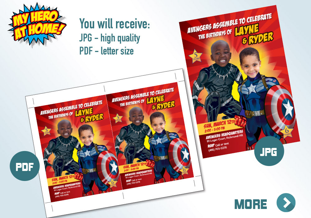 Personalized Joint Black Panther and Captain America birthday Invitation with your photos. 164