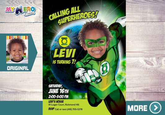 Green Lantern Birthday Invitation with your kid as the star, Green Lantern Photo Invite. 167