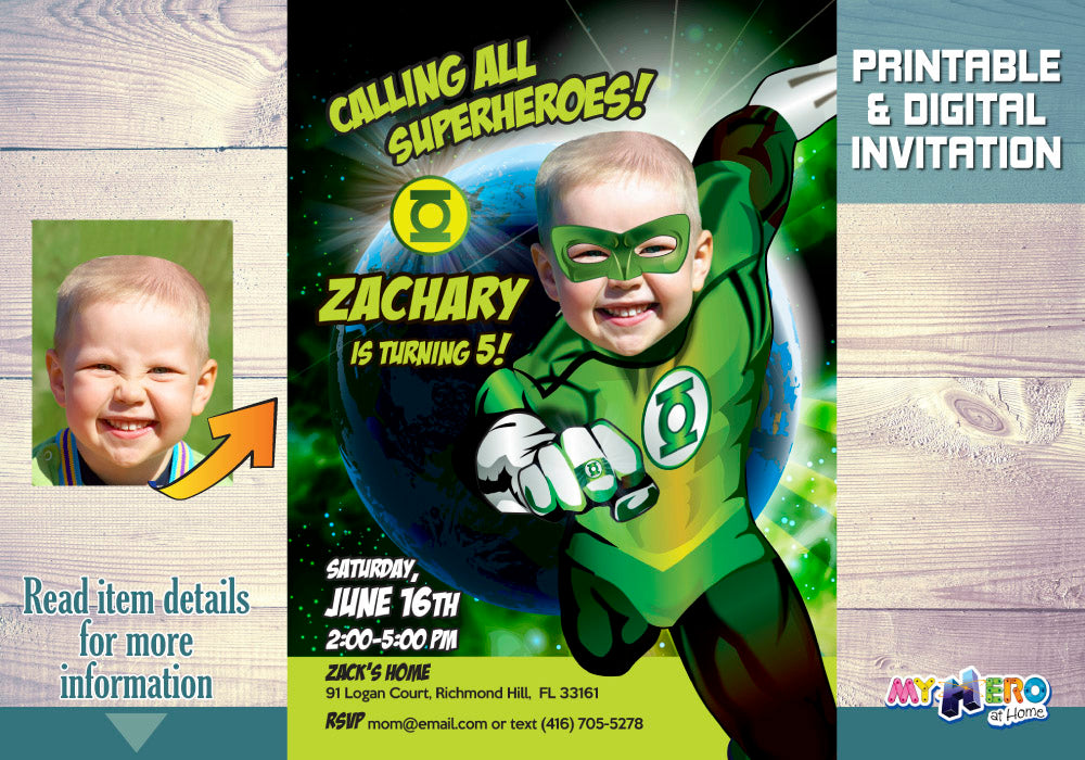 Green Lantern Birthday Invitation with your kid as the star, Green Lantern Photo Invite. 167