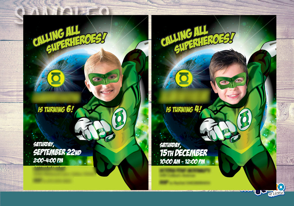 Green Lantern Birthday Invitation with your kid as the star, Green Lantern Photo Invite. 167