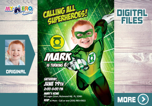 Personalized Green Lantern birthday party Invitation template with your kid as the green lantern. 168