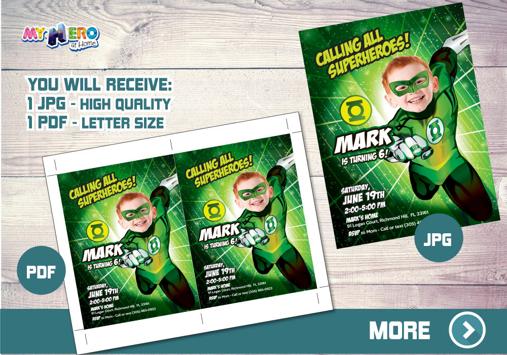 Personalized Green Lantern birthday party Invitation template with your kid as the green lantern. 168