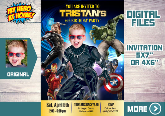 Black Panther photo Invitation, Black Panther Avengers Birthday Invite with photo. 170
