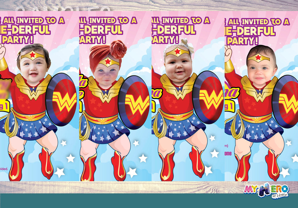Wonder Baby 1st Birthday Invitation with your little girl as Baby Wonder girl, One-derful Birthday. 171