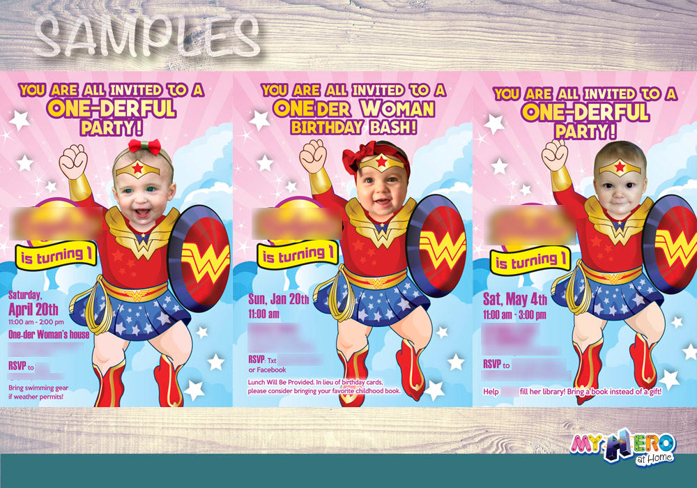 Wonder Baby 1st Birthday Invitation with your little girl as Baby Wonder girl, One-derful Birthday. 171