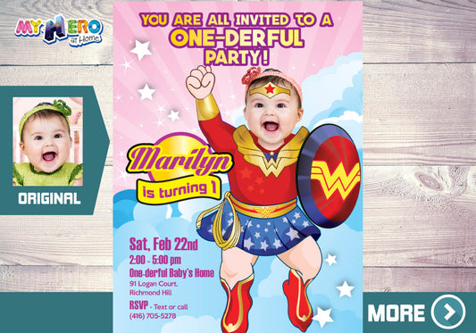 Wonder Baby 1st Birthday Invitation with your little girl as Baby Wonder girl, One-derful Birthday. 171