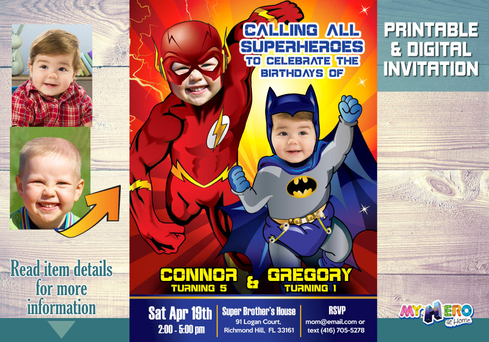 Flash and Batman Siblings Birthday invitation with photos, Batman and Flash party template. 176