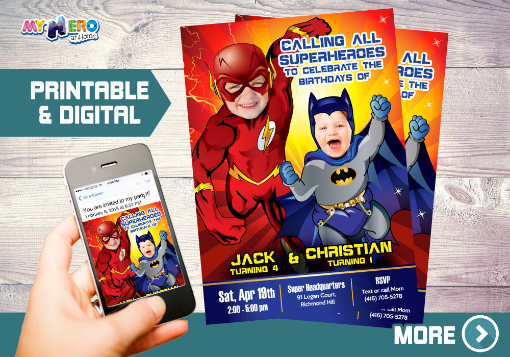 Flash and Batman Siblings Birthday invitation with photos, Batman and Flash party template. 176