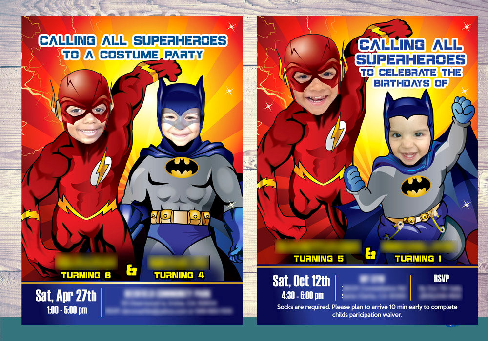 Flash and Batman Siblings Birthday invitation with photos, Batman and Flash party template. 176