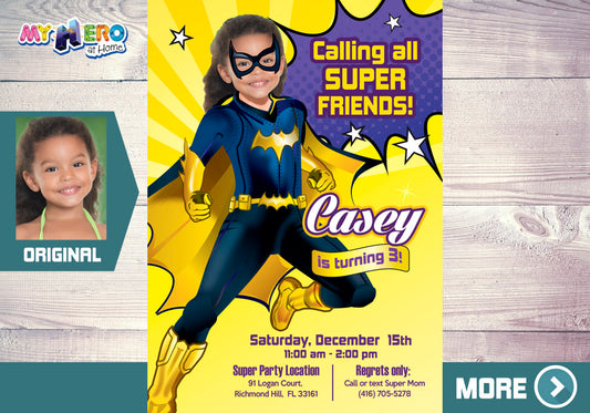 Batgirl Birthday Invitation with your girl as the star, Batgirl photo invitation. 186