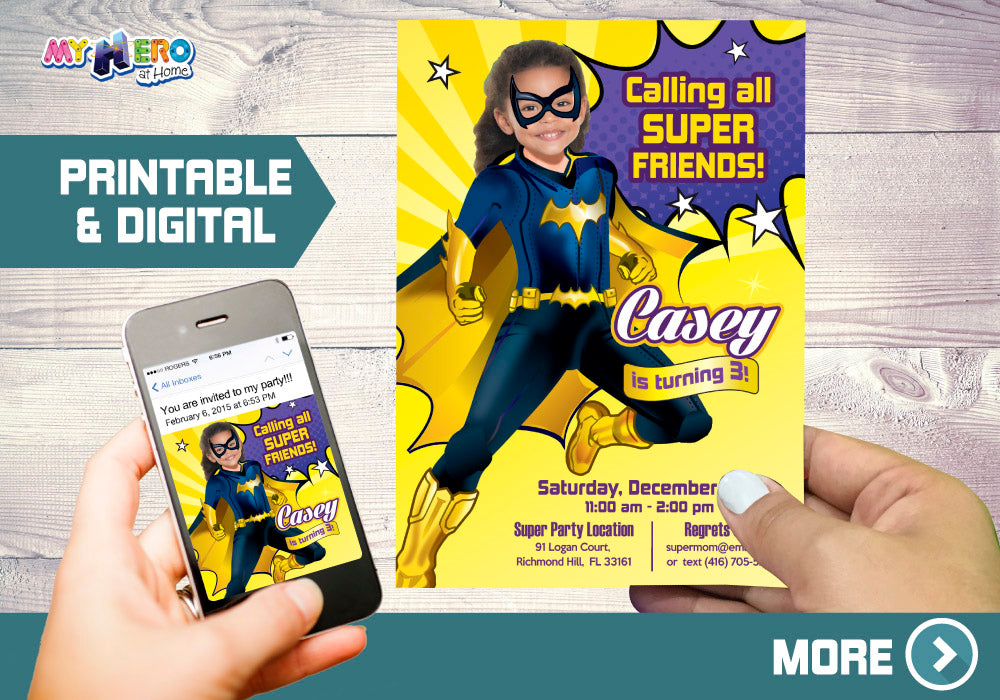 Batgirl Birthday Invitation with your girl as the star, Batgirl photo invitation. 186