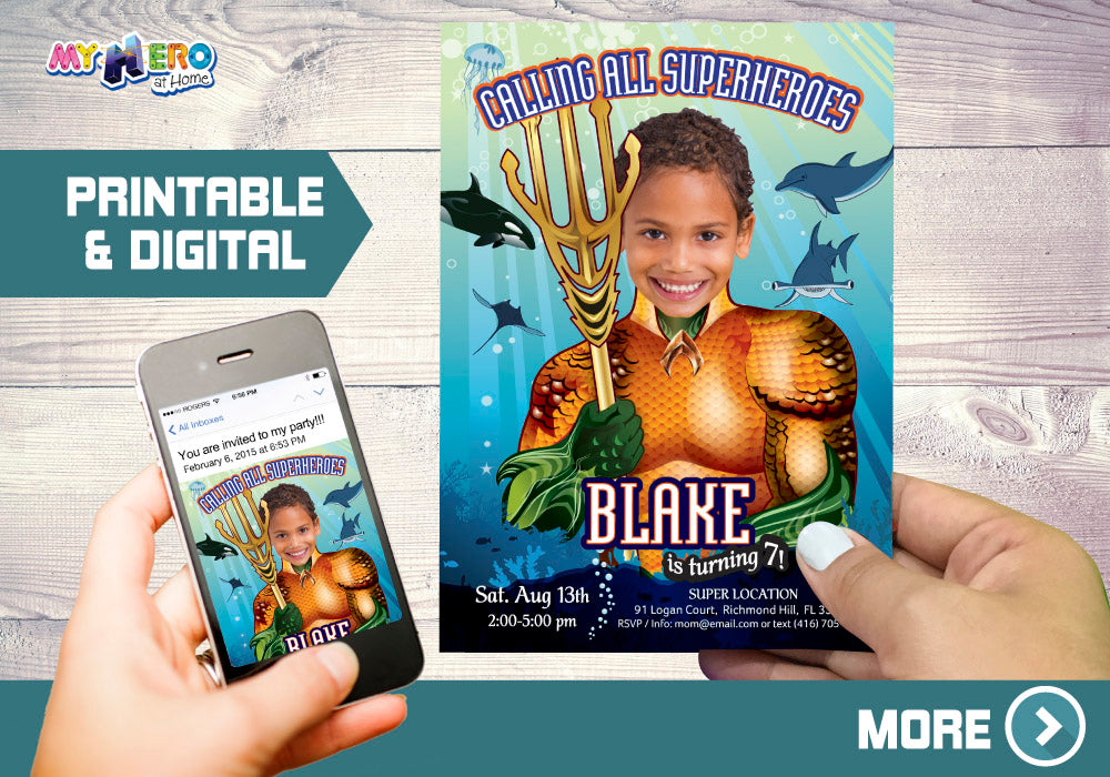 Custom Aquaman Invitation, Aquaman theme Party, King of the Seven Seas party, Aquaman Birthday, 189
