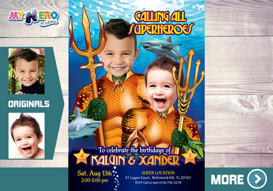 Joint Aquaman Birthday Invitation, Aquaman Siblings Party Invitation, Siblings Aquaman invitation, Joint Aquaman invitation. 196