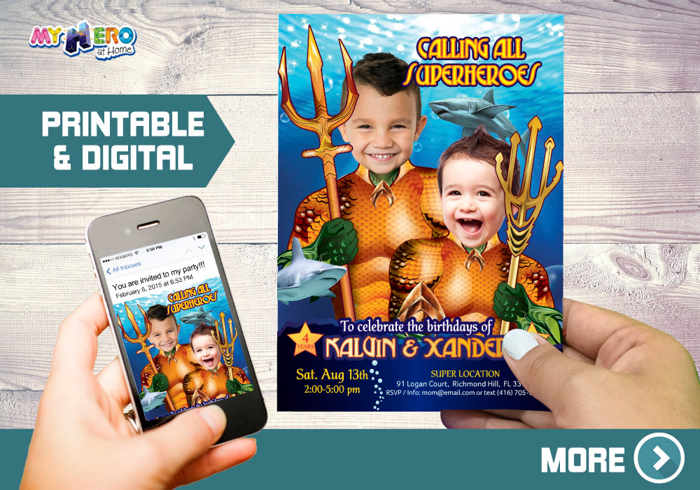 Joint Aquaman Birthday Invitation, Aquaman Siblings Party Invitation, Siblings Aquaman invitation, Joint Aquaman invitation. 196
