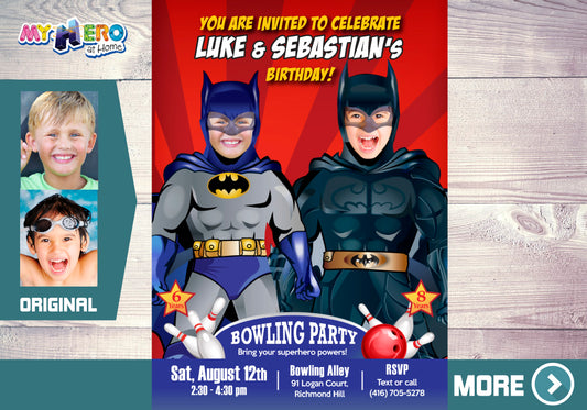 Joint Batman Bowling Party Invitation, Batman Bowling Party, Batman Siblings invite. 199