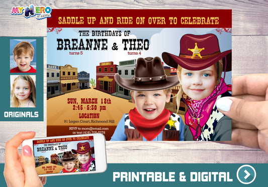 Joint Cowboys Birthday Invitation, Siblings Cowboys Invitation, Cowboys Party Ideas for siblings, Custom Cowboys Invitation. 205