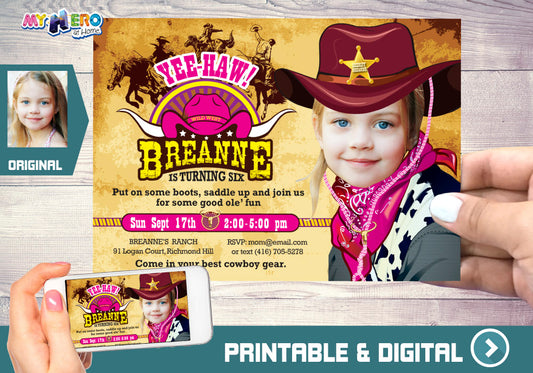 Cowgirl Birthday Invitation, Western Girl Sheriff Birthday, Cowgirl photo Invitation,  Cowgirl Digital Invitation. 206