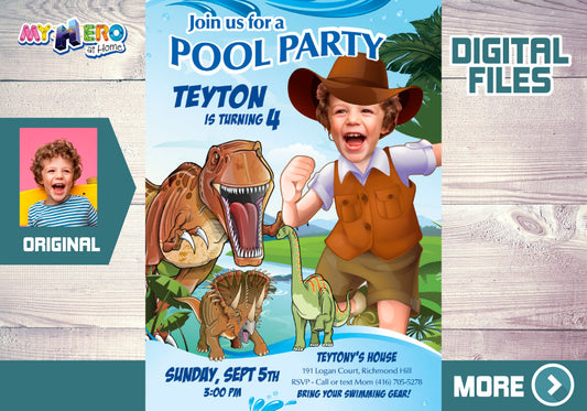 Dinosaurs Pool Party Invitation with your kid as the star, Dino Pool party, Dinosaurs Splash Party. 210B