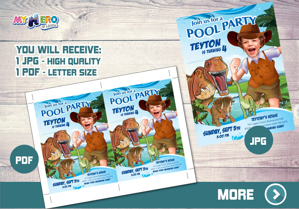 Dinosaurs Pool Party Invitation with your kid as the star, Dino Pool party, Dinosaurs Splash Party. 210B