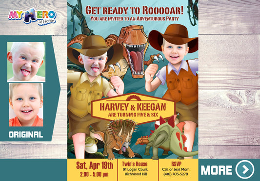 Joint Dinosaurs Birthday Invitation with photos of children, Dinosaurs Siblings party. 211