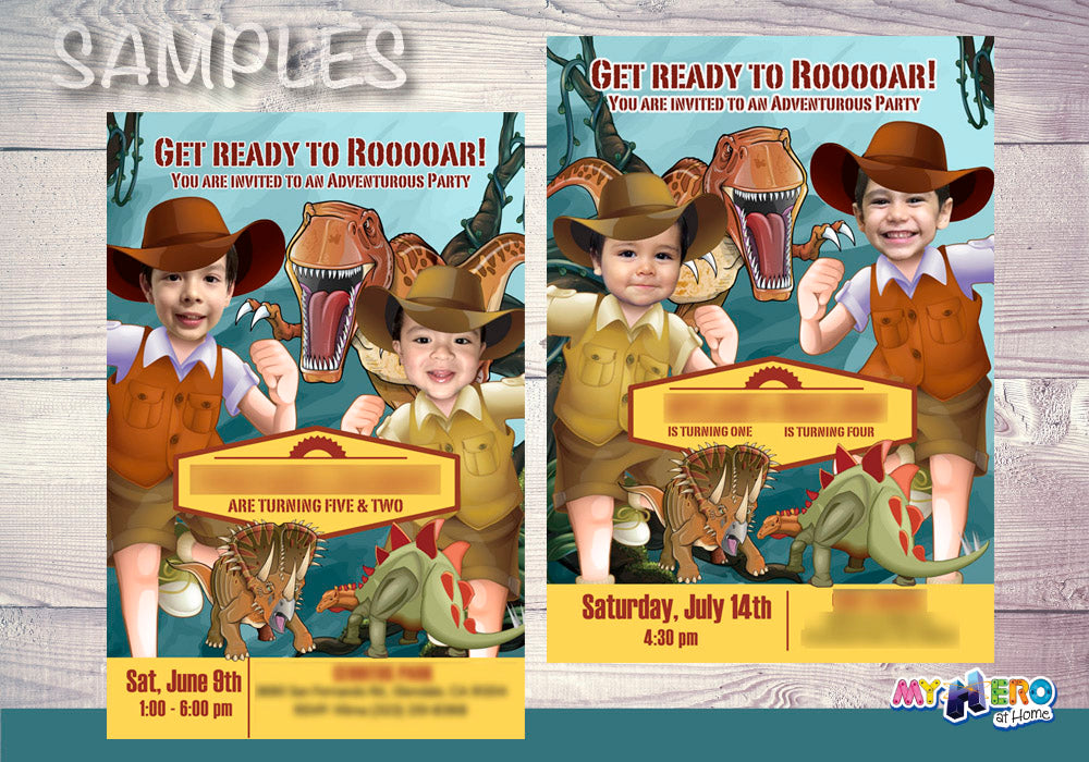 Joint Dinosaurs Birthday Invitation with photos of children, Dinosaurs Siblings party. 211