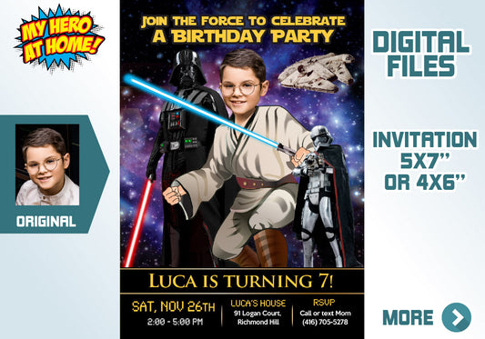 Star Wars Jedi training Birthday Party invitation with kid as the star, Obi-wan template. 214
