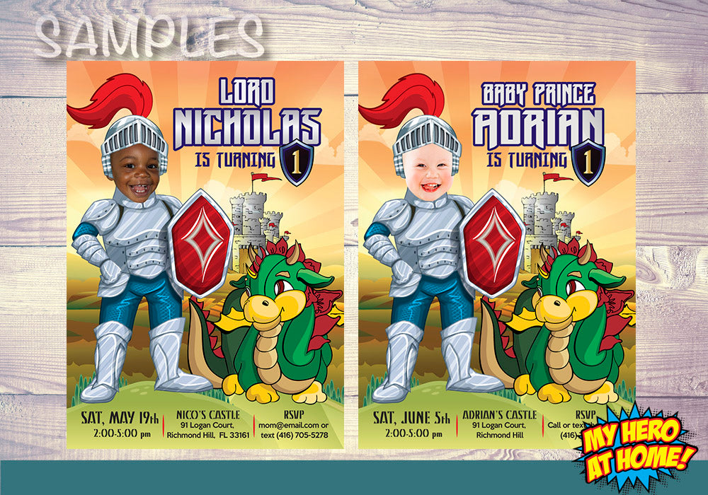 Baby Knight 1st birthday Invitation, Baby Dragon Medieval 1st party invite with photo. 217