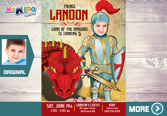 Personalized Dragons Birthday template, Medieval Knight party digital invite. 218