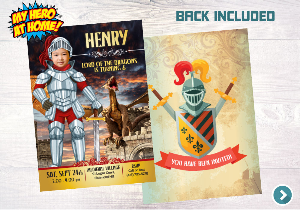 Medieval little armor knight and dragons birthday invitation with your kid as the Knight. 220