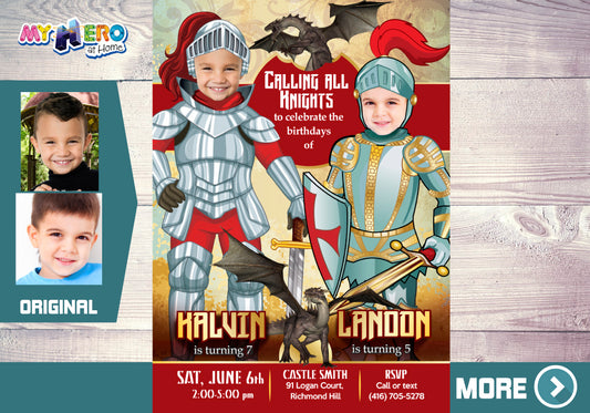 Knights Siblings birthday invitation with your photos, Joint Knights and Dragons party Invitation. 221