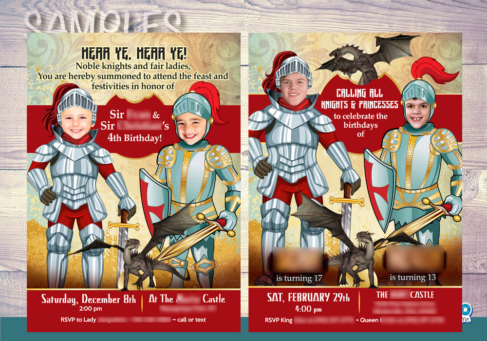 Knights Siblings birthday invitation with your photos, Joint Knights and Dragons party Invitation. 221