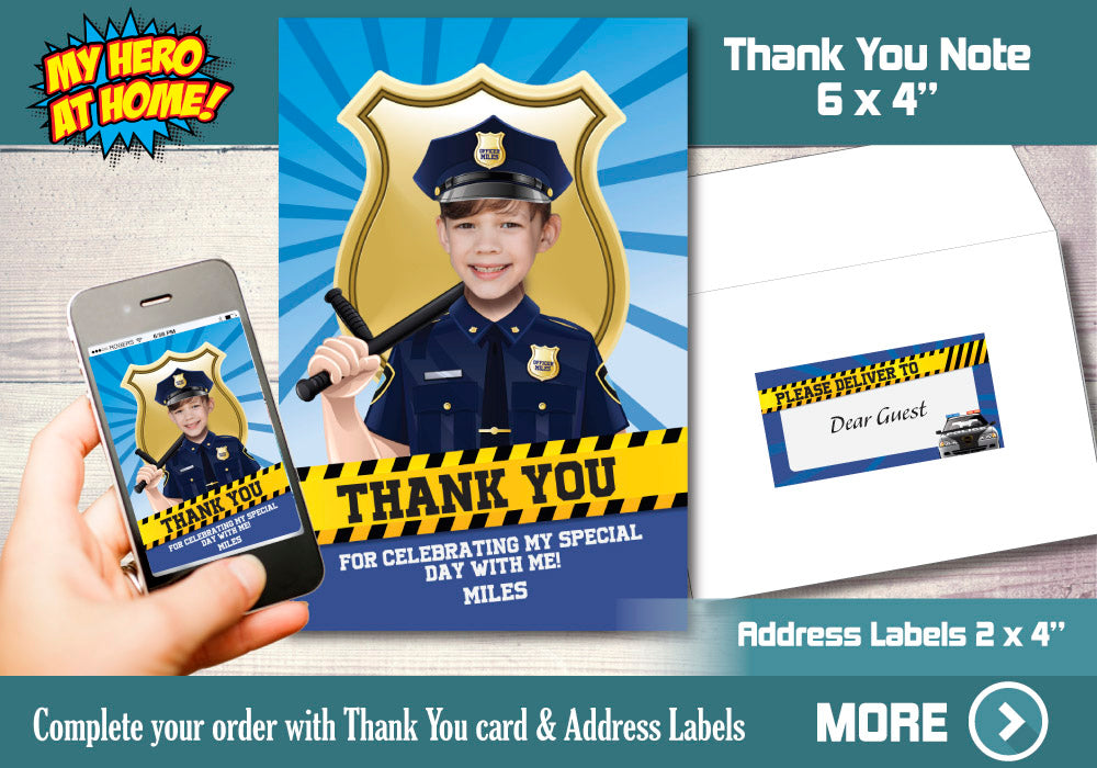 Police Officer photo Invitation, Police theme Party, Custom Police Invitation, Police thank you, Police party favors. 233B
