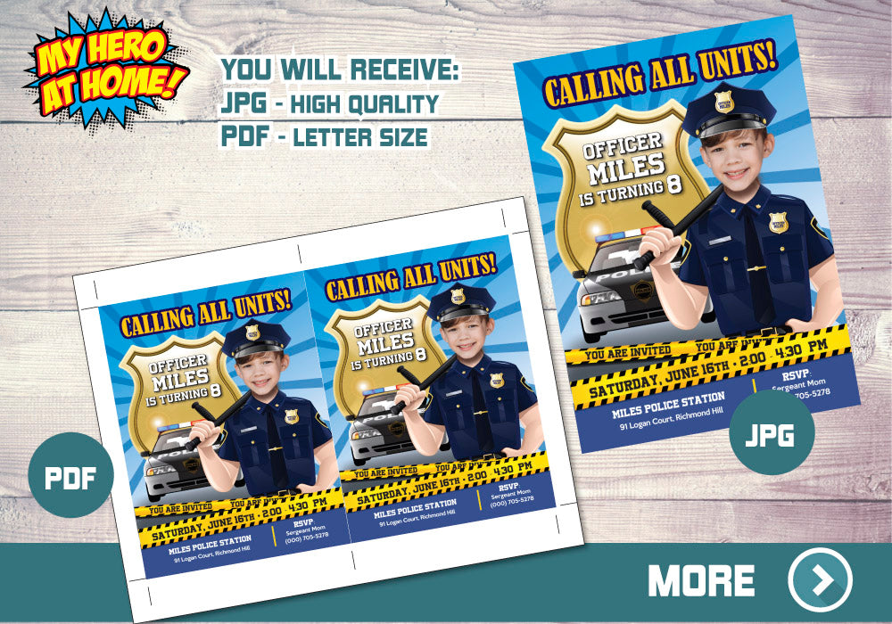 Police Officer photo Invitation, Police theme Party, Custom Police Invitation, Police thank you, Police party favors. 233B