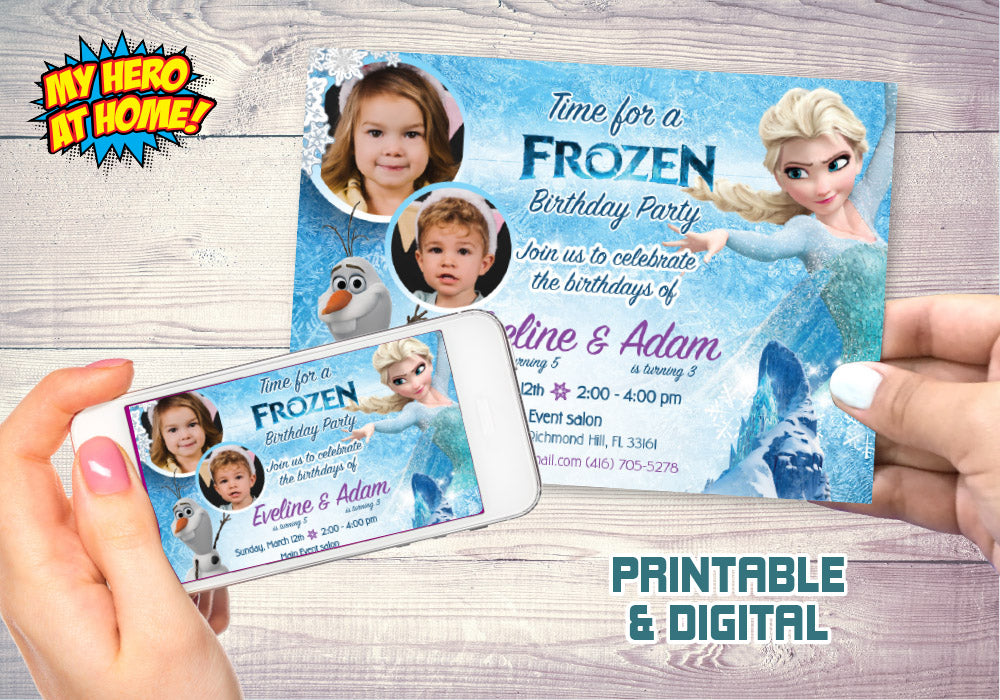 Joint Frozen Invitation. Brother and Sister Frozen. Siblings Frozen Invitation. Elsa and Olaf party invite. Frozen Photos Invitation. 280C