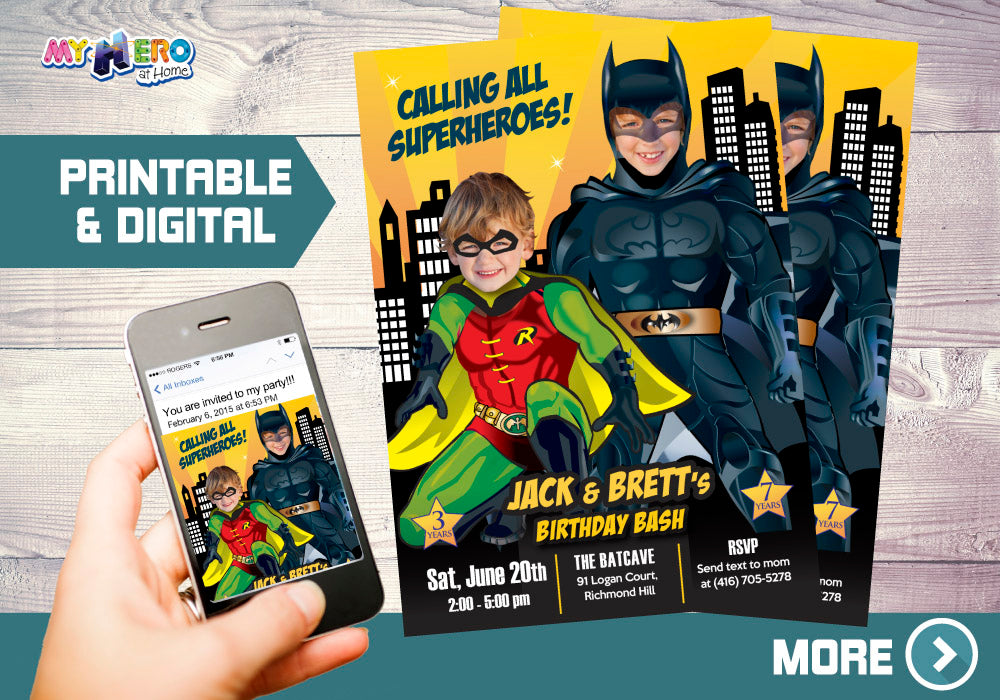 Batman and Robin Invitation, Batman and Robin Siblings Invitation, Batman and Robin Birthday Party. Joint Batman and Robin. 296