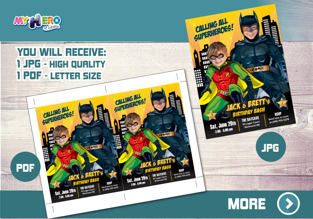 Batman and Robin Invitation, Batman and Robin Siblings Invitation, Batman and Robin Birthday Party. Joint Batman and Robin. 296
