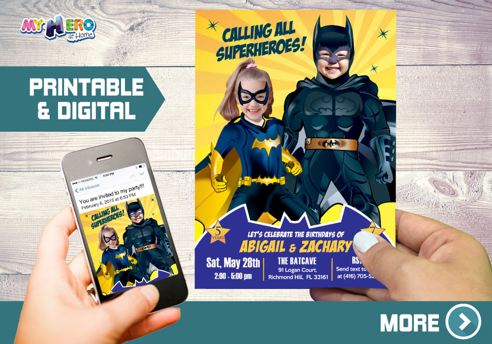 Joint Batman and Batgirl Siblings Party Invitation with photos, Joint Batman Party template. 297