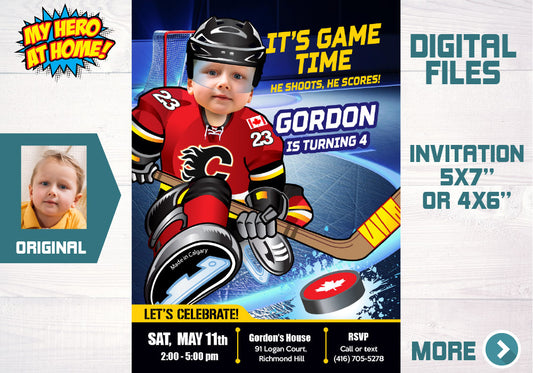 Calgary Flames Birthday party Invitation with photo, Flames kids theme party, Flames party template. 300C