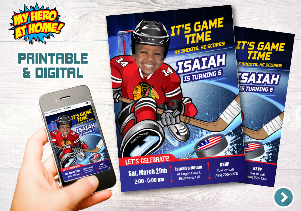 Chicago Blackhawks Invitation, Chicago Blackhawks photo invitation, Chicago Blackhawks Digital Invitation. 301C