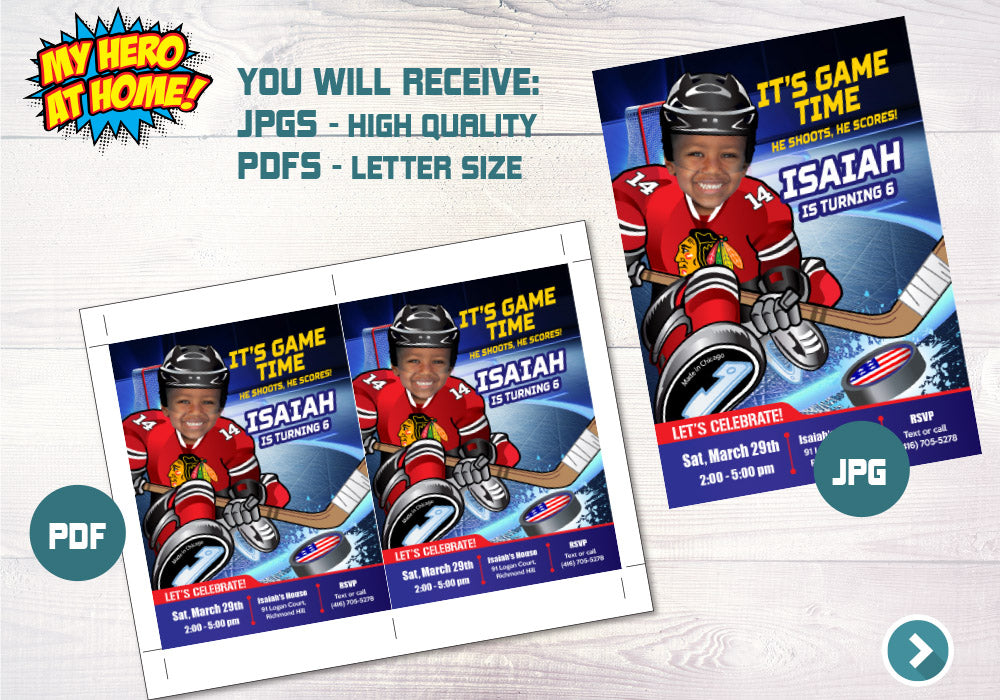 Chicago Blackhawks Invitation, Chicago Blackhawks photo invitation, Chicago Blackhawks Digital Invitation. 301C