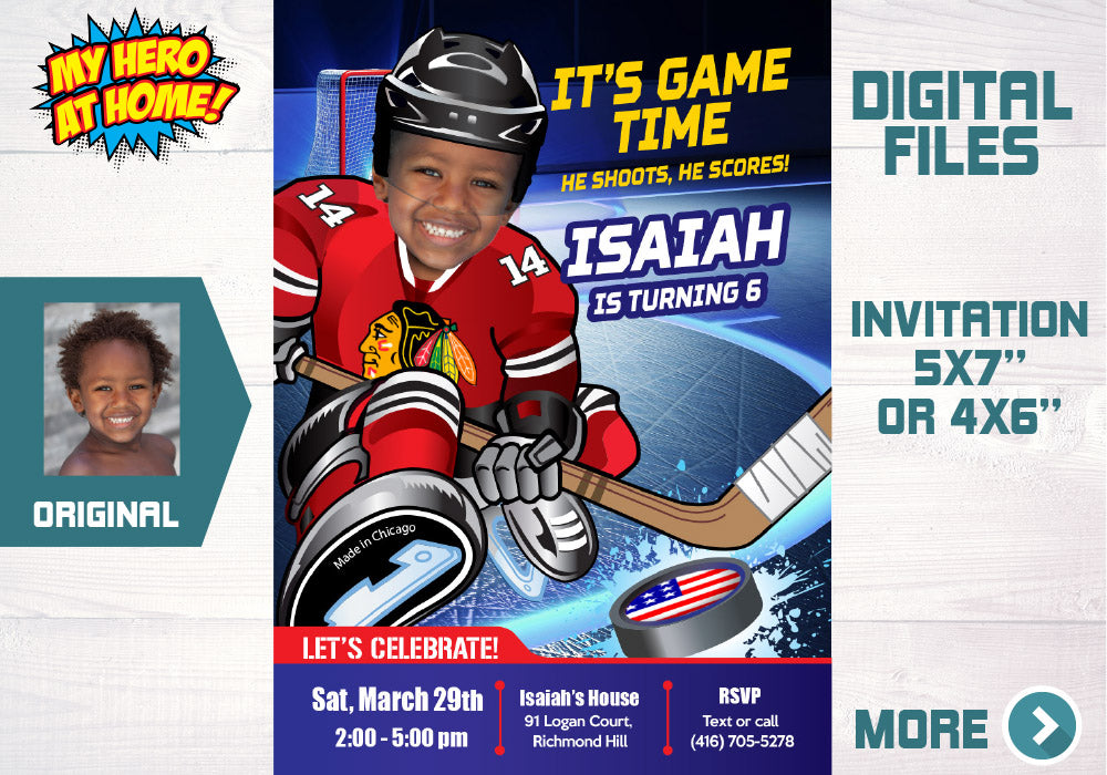 Chicago Blackhawks Invitation, Chicago Blackhawks photo invitation, Chicago Blackhawks Digital Invitation. 301C