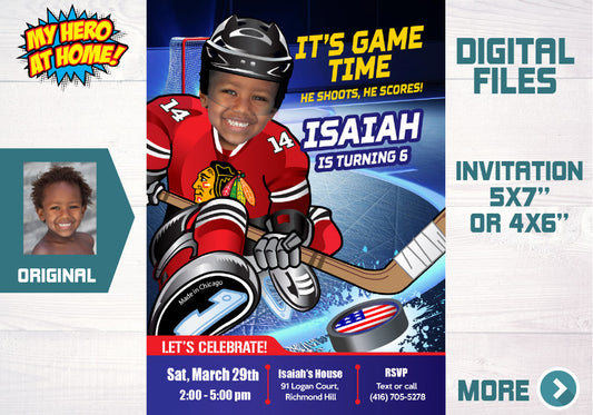 Chicago Blackhawks Birthday party Invitation with your kid as his favorite player, Blackhawks party photo invite. 301C