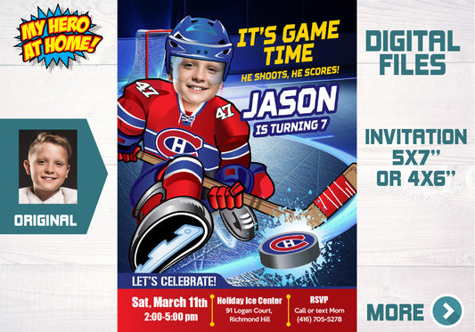 Montreal Canadiens Birthday party Invitation with your kid as his favorite player, Canadiens theme kids party. 304C