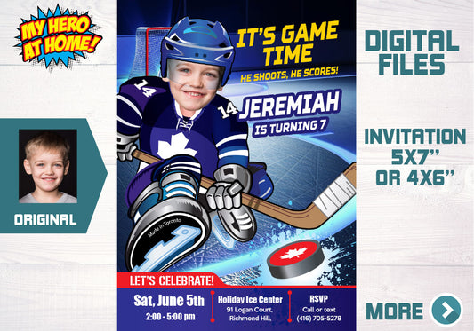 Toronto Maple Leafs Birthday party Invitation with photo, Maple Leafs photo template, Maple Leafs kids party. 308C