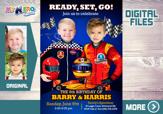 Joint Race Car birthday Invitation with 2 boys, Siblings Race Car Party template. 316