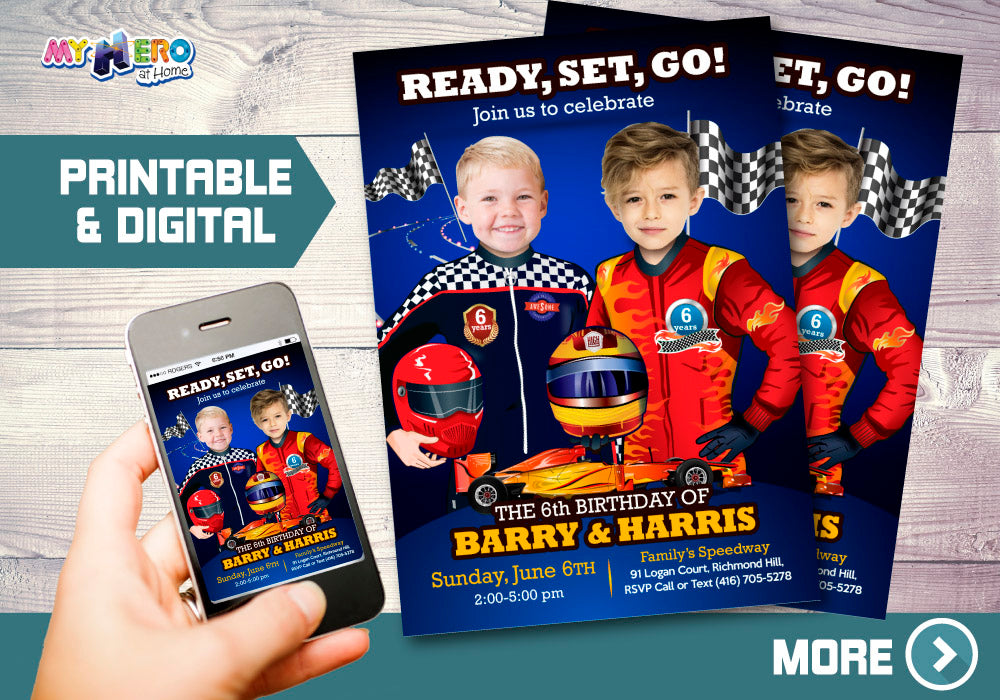 Joint Race Car Invitation, Joint Race Car Digital, Siblings Race Car Party, 2 kids Race Car Birthday. 316B