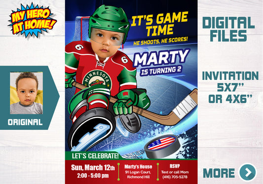 Minnesota Wild Birthday party Invitation with photo, Minnesota Wild Mini Mites Birthday templates. 319C