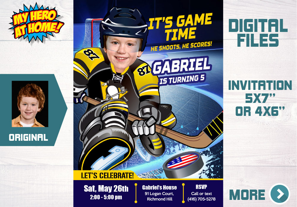 Pittsburgh party Penguins Invitation, Pittsburgh Penguins photo invitation, Pittsburgh Penguins Digital. 320C